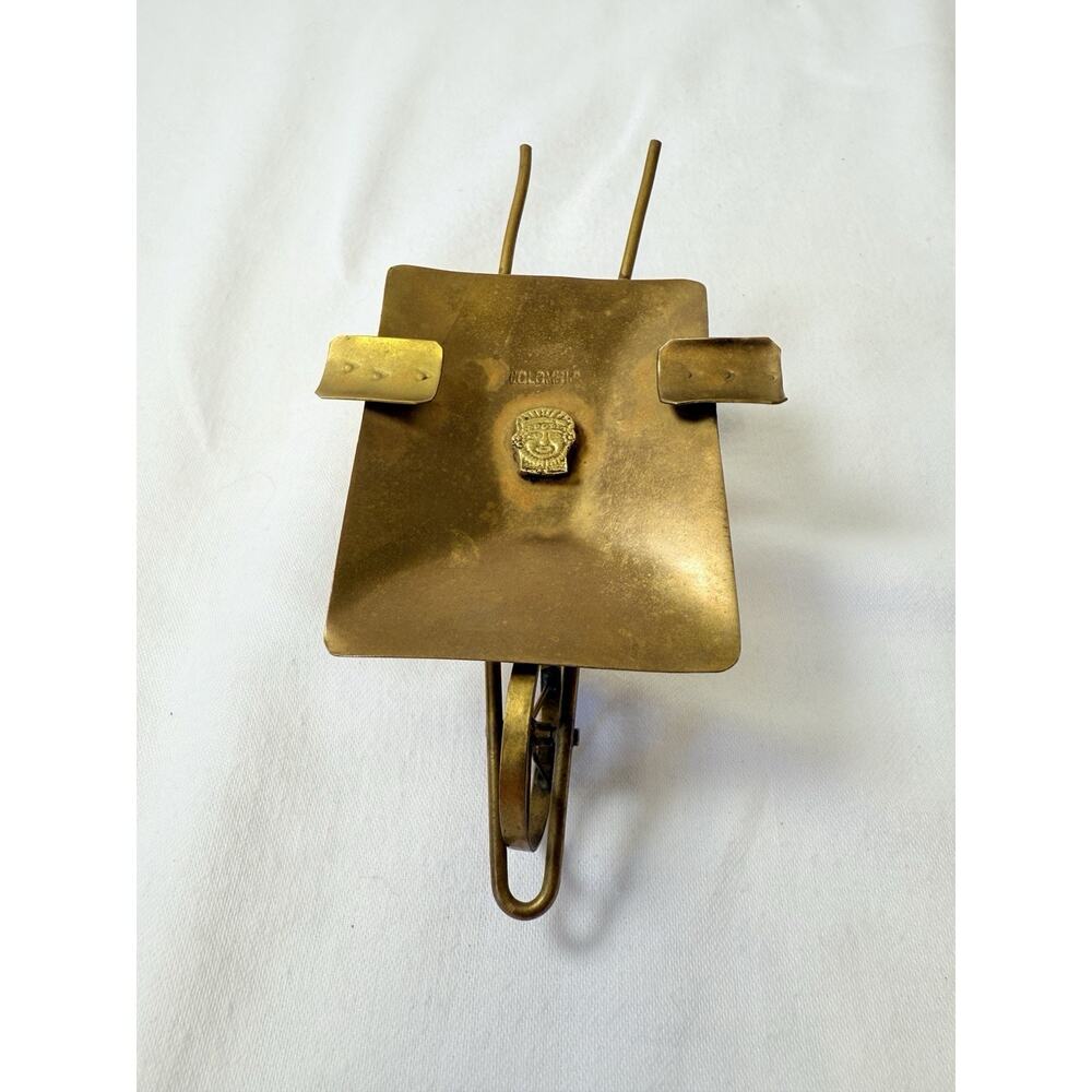 Vtg Brass Wheelbarrow Ashtray Marked Columbia With Pre-Columbian Metal Mask